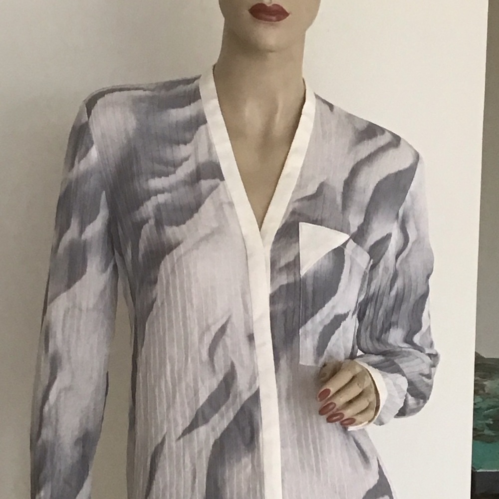 Helmut Lang Mars Print White Gray Marble Pocket Silk Button Down Blouse Top P XS - Picture 3 of 5